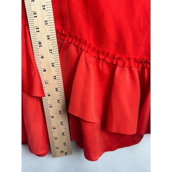 REISS Cecilia Frill-Detail Asymmetric Hem Dress Red 4 Cap Sleeves & Back Zipper - Picture 6 of 16